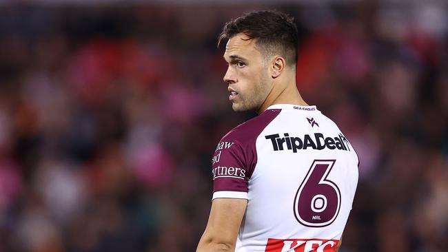 PENRITH, AUSTRALIA - JUNE 09: Luke Brooks of the Sea Eagles looks on dejected during the round 14 NRL match between Penrith Panthers and Manly Sea Eagles at BlueBet Stadium, on June 09, 2024, in Penrith, Australia. (Photo by Jeremy Ng/Getty Images)