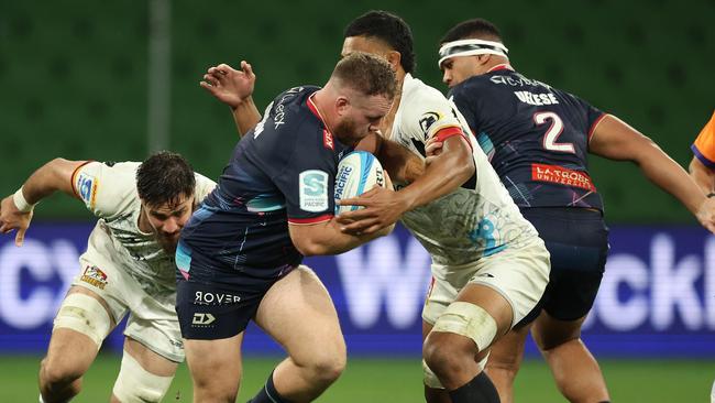 MELBOURNE, AUSTRALIA - MAY 17: Matt Gibbon of the Rebels runs with the ball during the round 13 Super Rugby Pacific match between Melbourne Rebels and Chiefs at AAMI Park, on May 17, 2024, in Melbourne, Australia. (Photo by Robert Cianflone/Getty Images)