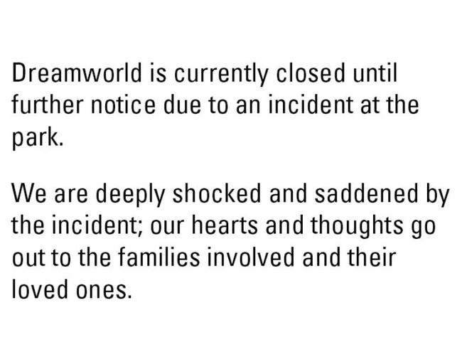 The Dreamworld website’s colourful homepage has been replaced with this message.