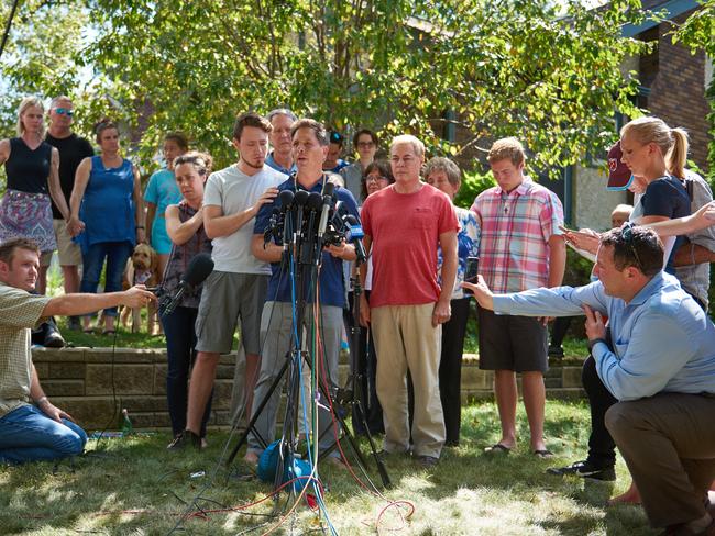 Don Damond speaks to media outside his home. Picture: Jules Ameel