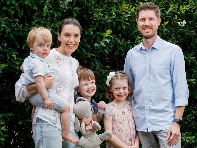Jess and John Buchelin with their kids Sophie, 7, Harry, 5, and Finn, 1. The couple decided to get a genetic test before having Finn, which revealed they carried genes for cystic fibrosis. Picture: Max Mason-Hubers