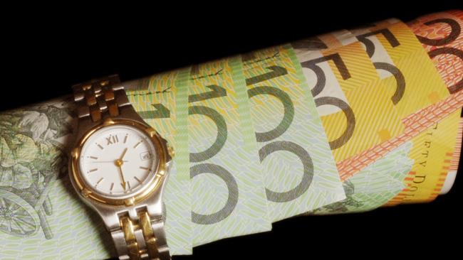 Australian currency wrapped in a watch;  money notes time ticking away generic