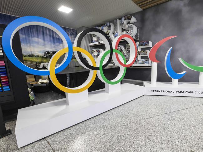 The Olympic Rings and Paralympic Agitos structures made by Bailey Print Group, as part of the Ã¢â¬Ë9 years to goÃ¢â¬â¢ celebration for the Brisbane 2032 Olympics.