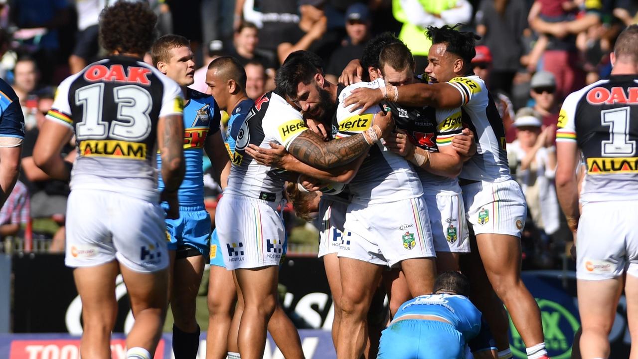 Panthers players celebrate after James Tamou scores a try during the Round 6 NRL match between the Penrith Panthers and the Gold Coast Titans at Panthers Stadium. Photo: Mick Tsikas