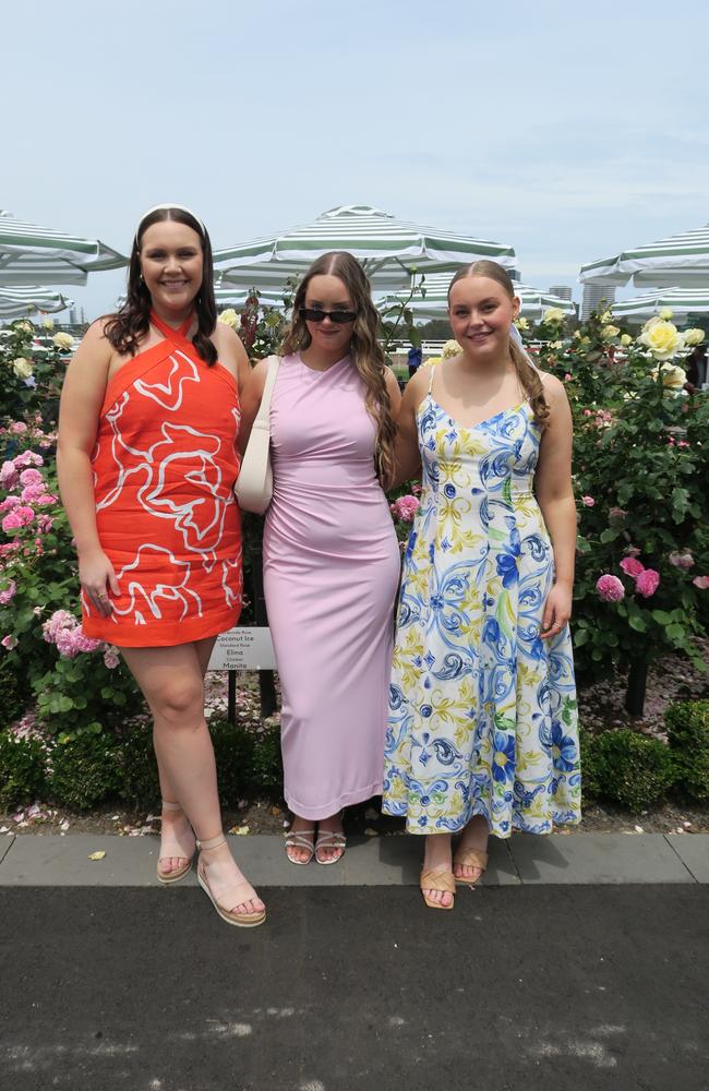 Felicia, Dylan and Bianca at Seppelt Wines Stakes Day 2024 at Flemington Racecourse. Picture: Gemma Scerri