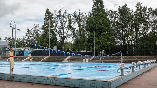 Covers on the Harold Holt swimming pool in Melbourne following the introduction of new regulations that have closed public swimming pools. Picture: Getty Images