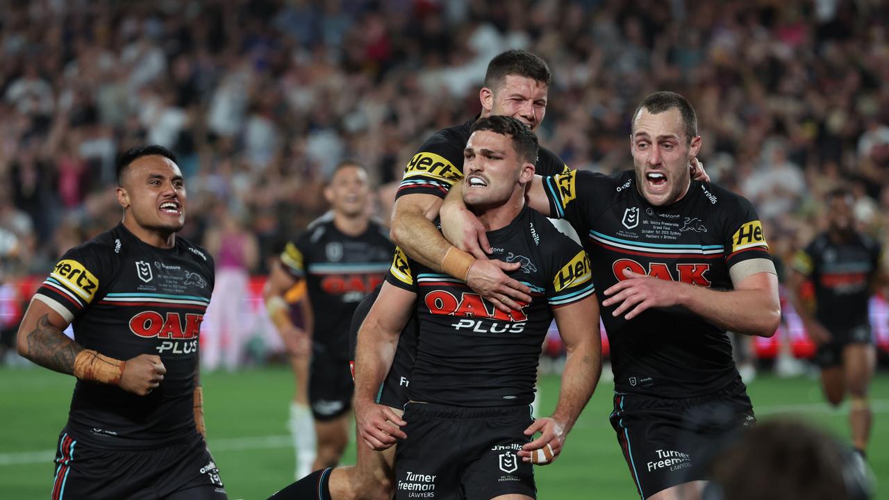 DAILY TELEGRAPH OCTOBER 1, 2023 NRL Telstra Premiership Grand Final at Accor Stadium between Penrith Panthers and Brisbane Broncos. Penrith wins 26-24 with a late try by Nathan Cleary. Picture: David Swift