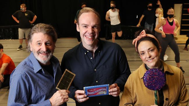 Leads Robert Grubb, Stephen Anderson and Lucy Maunder, with the Charlie and The Chocolate Factory cast in rehearsal, QPAC Merivale Street Studio, South Brisbane. Picture: Liam Kidston.