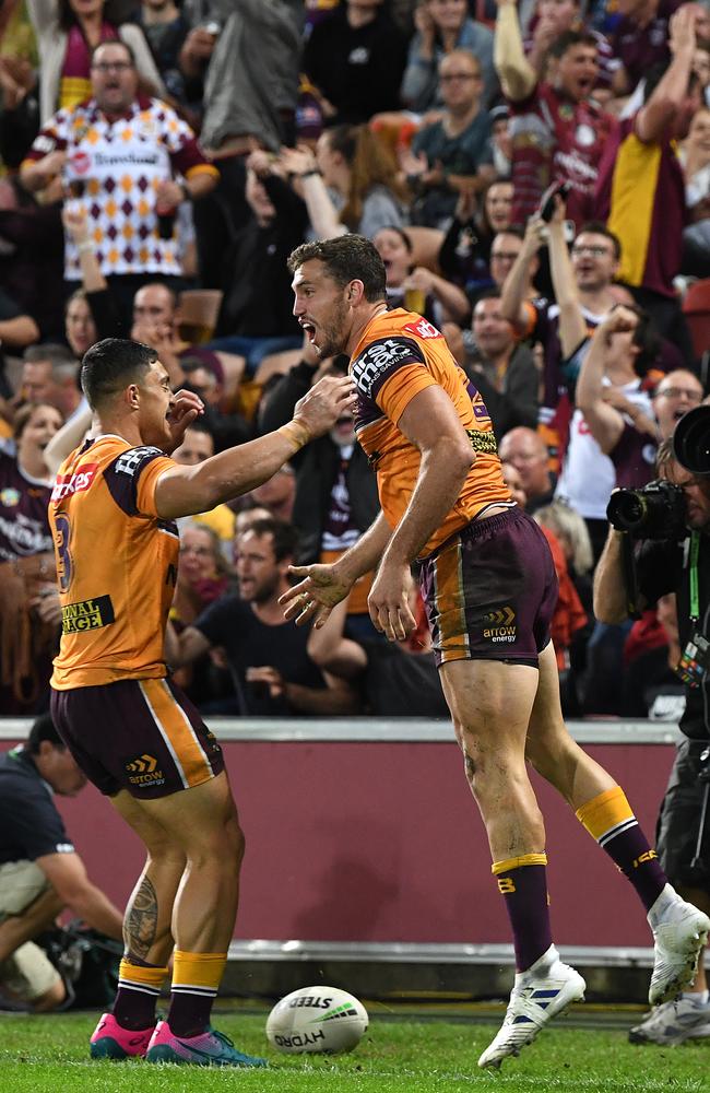 Corey Oates jumps for joy after scoring his try. Picture: AAP Image/Dave Hunt