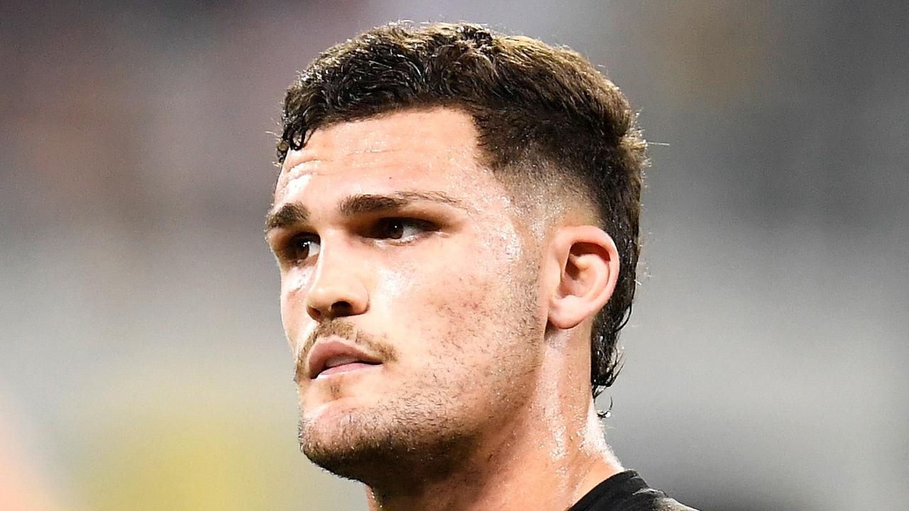 Penrith captain Nathan Cleary has laughed off suggestions he is a protected species after South Sydney coach Wayne Bennett accused the Panthers of producing illegal block plays to protect Cleary. Picture: Ian Hitchcock / Getty Images