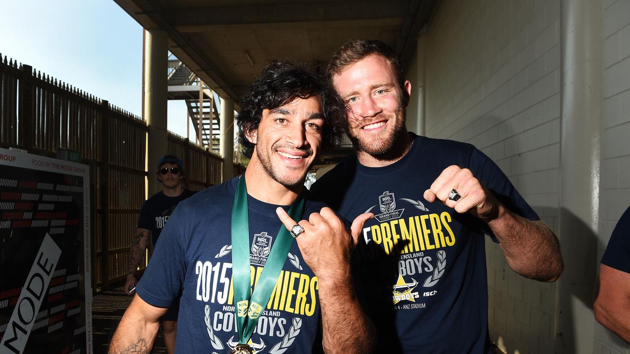 The North Queensland Cowboys were given civic reception at 1300SMILES Stadium after their grand final win against the Brisbane Broncos. Johnathan Thurston and Gavin Cooper show off their premiership rings. Picture: Zak Simmonds, October 2015