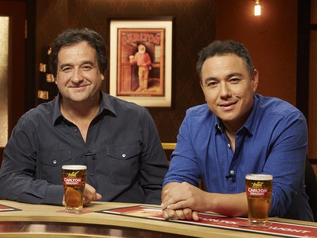 The Front Bar. Andy Maher, Mick Molloy, Sam Pang. Picture:Seven Network