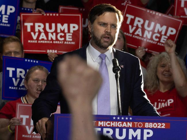 TRAVERSE CITY, MICHIGAN - SEPTEMBER 25: Republican vice presidential nominee U.S. Sen. JD Vance (R-OH) speaks to supporters during a campaign event at the Northwestern Michigan Fair grounds on September 25, 2024 in Traverse City, Michigan. Republican presidential nominee former President Donald Trump is scheduled to host two campaign events in the state on Friday.   Scott Olson/Getty Images/AFP (Photo by SCOTT OLSON / GETTY IMAGES NORTH AMERICA / Getty Images via AFP)