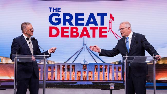 Anthony Albanese and Scott Morrison during the second leaders' debate on Sunday.