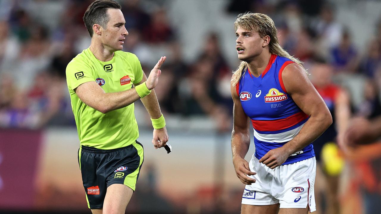 Western Bulldogs midfielder Bailey Smith gives away a 50m penalty in the Dogs loss to Richmond. Photo by Michael Klein