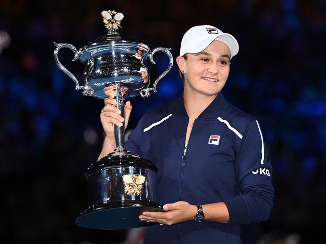 MELBOURNE, AUSTRALIA - JANUARY 29: Ashleigh Barty of Australia poses with the Daphne Akhurst Memorial Cup after winning her WomenÃ¢â¬â¢s Singles Final match against Danielle Collins of United States during day 13 of the 2022 Australian Open at Melbourne Park on January 29, 2022 in Melbourne, Australia. (Photo by Quinn Rooney/Getty Images)