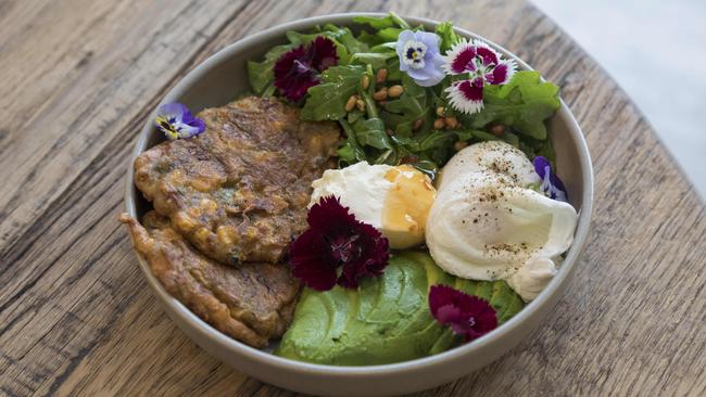 The Dandy Man featuring zucchini and corn fritters. Picture: Mark Cranitch.