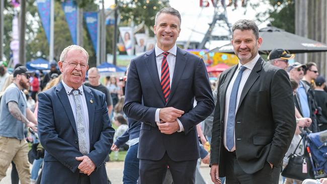 Local Government Minister Geoff Brock with Premier Peter Malinauskas and Attorney-General Kyam Maher. Picture: Brenton Edwards