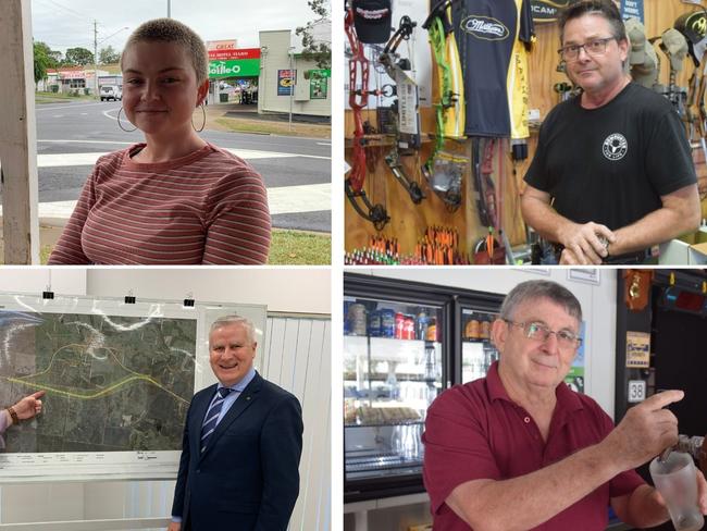 (Top left) Brittany Robinson, manager of Retro Espresso Tiaro, (Top Right) Sioux Archery owner Graham Cash, (Bottom left) MP Llew O'Brien and Deputy PM Micahel McCormack with a design for the Tiaro Bypass, (Bottom right) Bill Halliwell owner of the Royal Hotel Tiaro. Photos: Stuart Fast