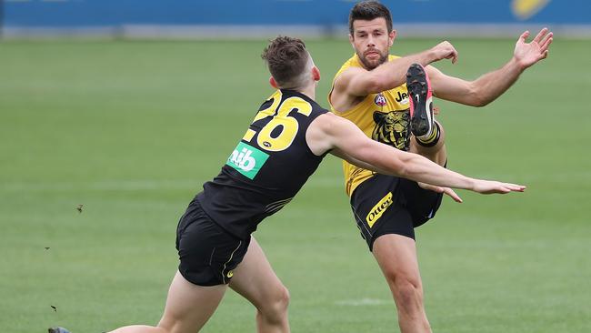 Trent Cotchin gets a clearing kick. Picture: Michael Klein