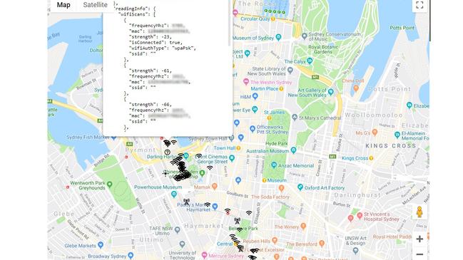 The data captured from one of many places while travelling across inner Sydney. Data blurred to protect identification.