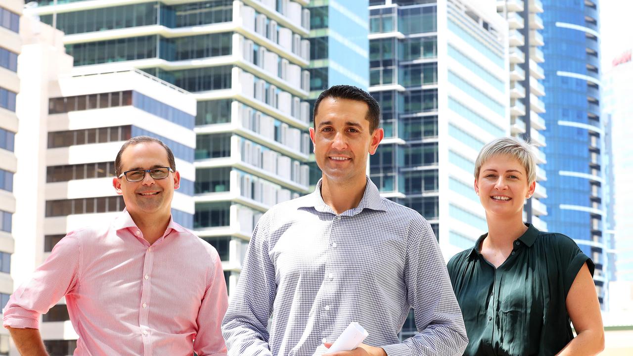 Deputy opposition leader and shadow treasurer David Janetzki, opposition leader David Crisafulli, and Amanda Camm, the shadow minister for child protection. Picture: Liam Kidston.