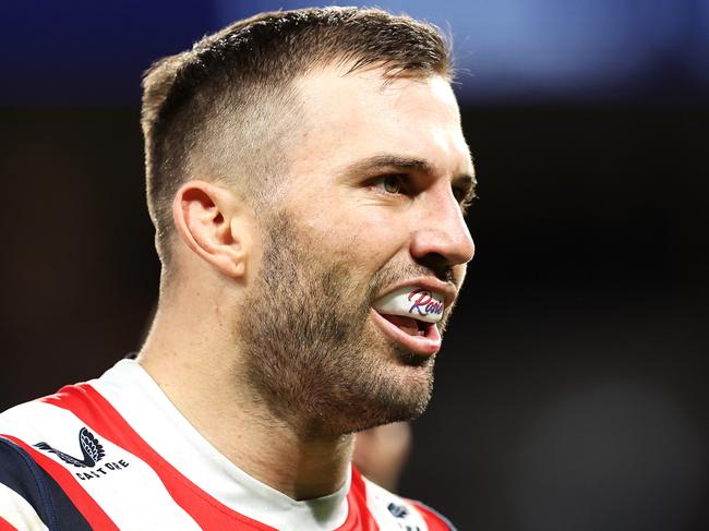 BRISBANE, AUSTRALIA - MAY 18: James Tedesco of the Roosters looks on during the round 11 NRL match between Cronulla Sharks and Sydney Roosters at Suncorp Stadium, on May 18, 2024, in Brisbane, Australia. (Photo by Hannah Peters/Getty Images)