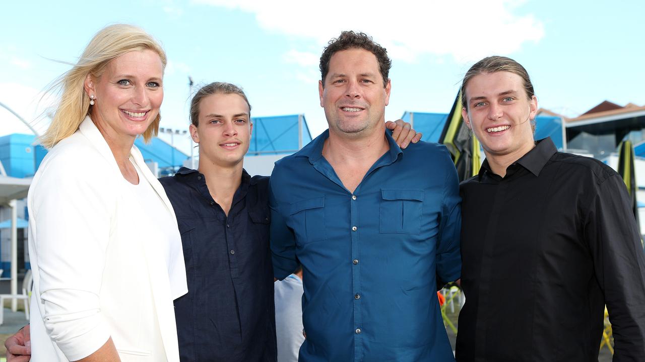 Johanna Griggs with her sons Joe (18) and Jesse (19) and her husband Todd Huggins. Picture: Julie Kiriacoudis