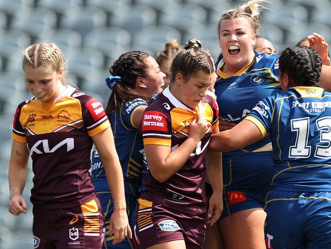 GOSFORD, AUSTRALIA - SEPTEMBER 18: Ellie Johnston of the Eels celebrates a try during the round five NRLW match between Brisbane Broncos and Parramatta Eels at Central Coast Stadium, on September 18, 2022, in Gosford, Australia. (Photo by Brendon Thorne/Getty Images)