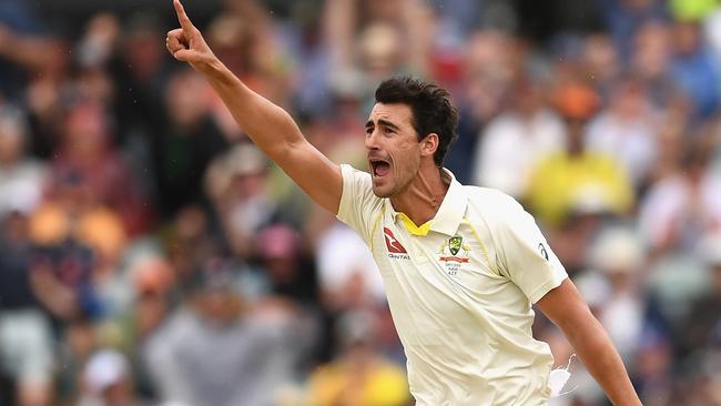 PERTH, AUSTRALIA — DECEMBER 17: Mitchell Starc of Australia celebrates getting the wicket of James Vince of England during day four of the Third Test match during the 2017/18 Ashes Series between Australia and England at WACA on December 17, 2017 in Perth, Australia. (Photo by Quinn Rooney/Getty Images)