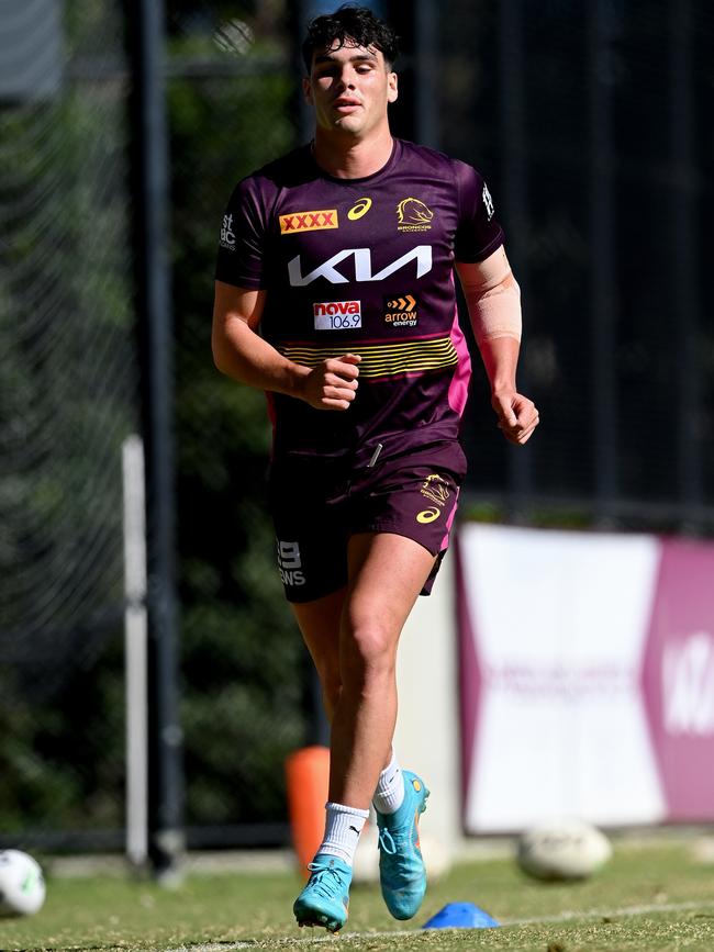 Herbie Farnworth during a drill at Broncos training. Picture: Bradley Kanaris/Getty