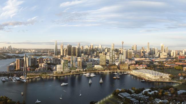 Aerial artist impression of Blackwattle Bay with the new Sydney Fish Market.