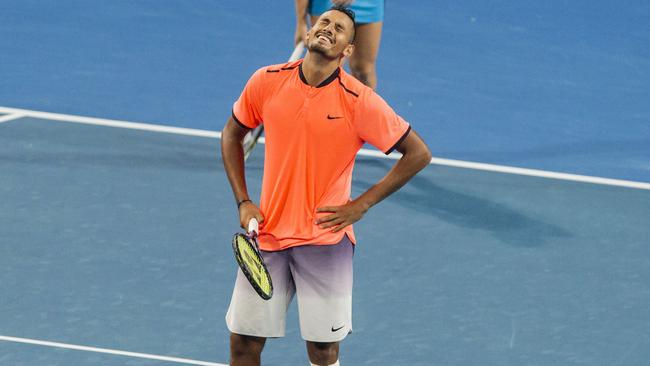 Nick Kyrgios during his mixed doubles match with teammate Daria Gavrilova.