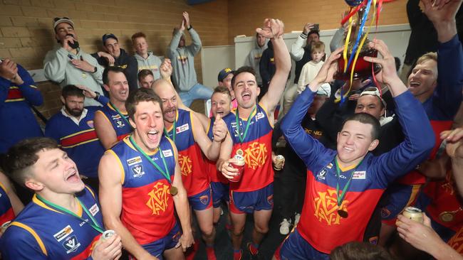 Marong in celebration mode after beating Pyramid Hill in the grand final.