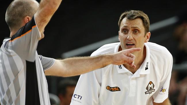 NBL Basketball. Melbourne United V's Cairns Taipans at Hisense Arena. Melbourne United coach Chris Anstey pleads with the ref . Pic: Michael Klein