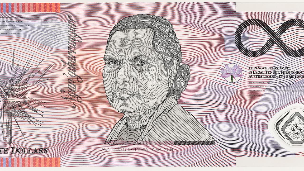 Ryan Presley’s 'Blood money - infinite dollar note - Aunty Regina Pilawuk Wilson', watercolour on paper, 146.4 x 60.5cm. Sitter: Aunty Regina Pilawuk Wilson