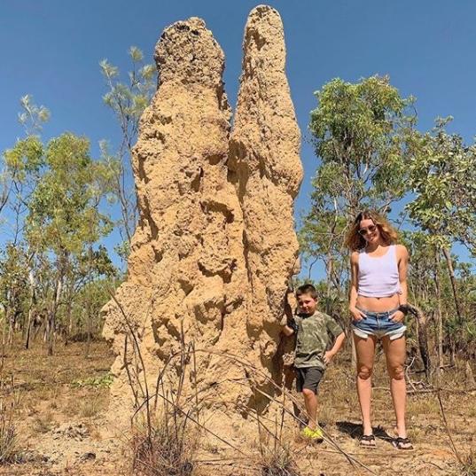 Erin McNaught and her son visiting the termite mounds in Berry Springs. Picture: Instagram