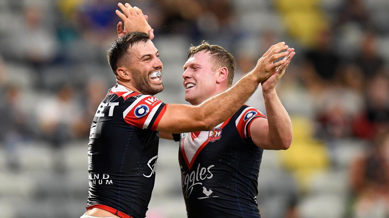 Roosters duo James Tedesco and Drew Hutchison can exploit Manly’s right-edge defence. Picture: Ian Hitchcock/Getty Images