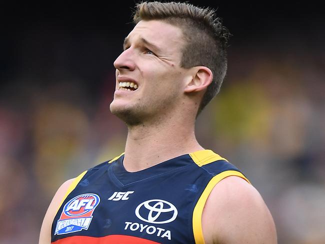 Josh Jenkins of the Crows is seen after missing a shot on goal after the AFL grand final between the Adelaide Crows and Richmond Tigers at the MCG in Melbourne, Saturday, September 30, 2017. (AAP Image/Julian Smith) NO ARCHIVING, EDITORIAL USE ONLY