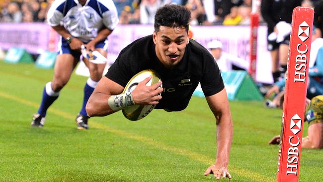 Rieko Ioane of the All Blacks scores a try during the Bledisloe Cup match in 2017. Picture: Photo by Bradley Kanaris/Getty Images