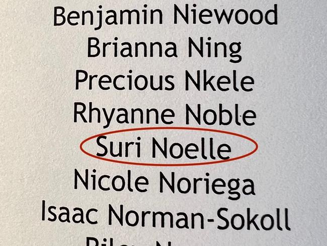 Suri's graduation booklet with her name on it shows her name as ‘Suri Noelle’. Picture: BrosNYC/BACKGRID