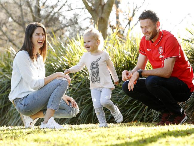 Western Sydney Wanderers' Robbie Cornthwaite and his wife Nel pictured with their daughter Sahara, 2.
