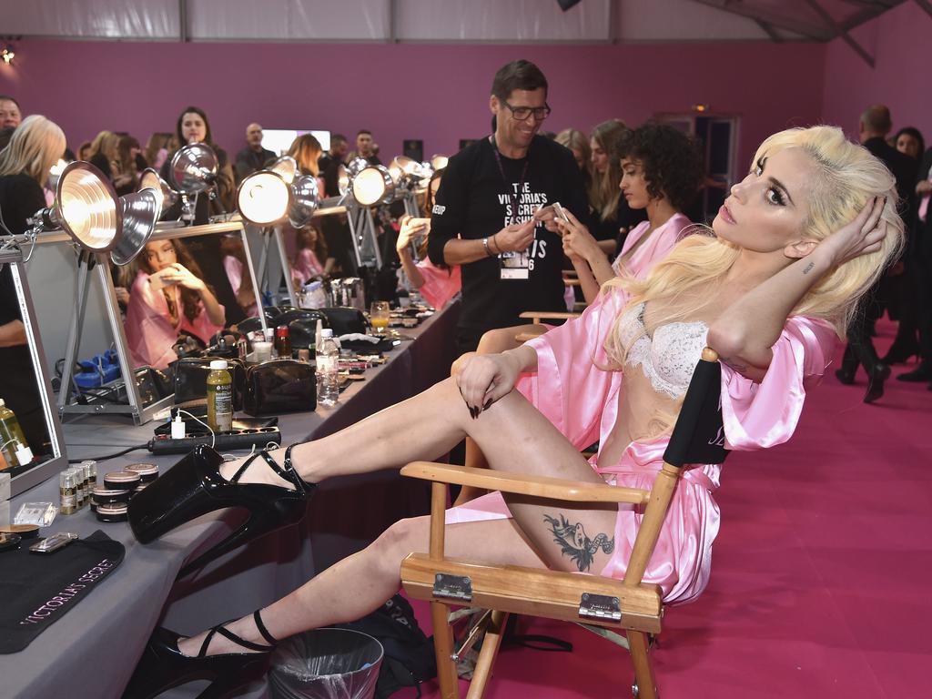 Lady Gaga prepares backstage prior to the Victoria’s Secret Fashion Show on November 30, 2016 in Paris, France. Picture: Getty