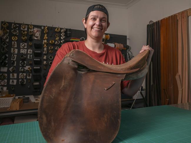 Kirby Gibson of Hope & Jane Leather Co at her studio in North Hobart. Picture: Caroline Tan