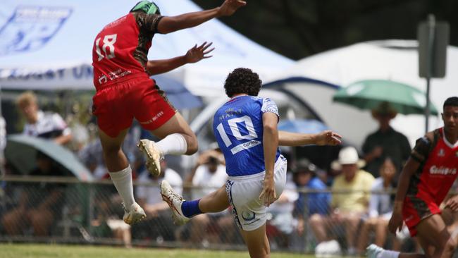 Action in the under 14 boys battle between Tonga and Samoa. Picture: Warren Gannon