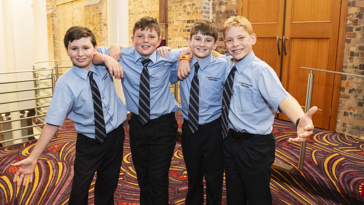 St Mary's College students (from left) Liam Croft, Tyler Heneghan, Harper Ollier and Torren Fraser on day two of Sing Out 2024 at The Empire, Wednesday, June 5, 2024. Picture: Kevin Farmer