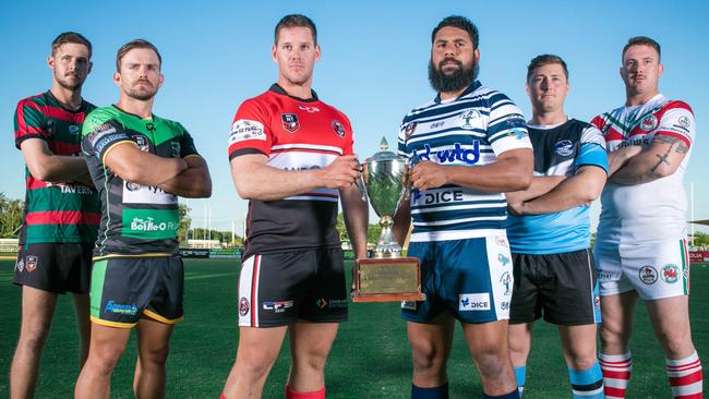 L to R: South's Tian Nichols, Palmerston’s Alex Johnson, Litchfield’s Luke Mahood, Brothers' Aaron Pollard, Sharks’ Jacob Collie and Nightcliff's Brent Crisp at the 2021 NRL NT season launch at Territory Rugby League Stadium. Picture: Glenn Campbell