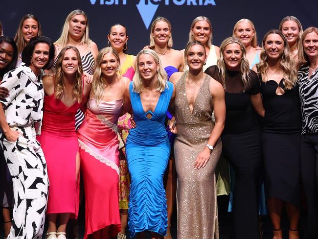 MELBOURNE, AUSTRALIA - NOVEMBER 25: The 2023 World Cup Diamonds and staff pose for a photo during the 2023 Australian Netball Awards at The Forum on November 25, 2023 in Melbourne, Australia. (Photo by Graham Denholm/Getty Images)