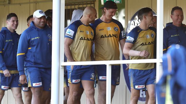 Lane joins teammates at Parramatta training. Photo: Jonathan Ng