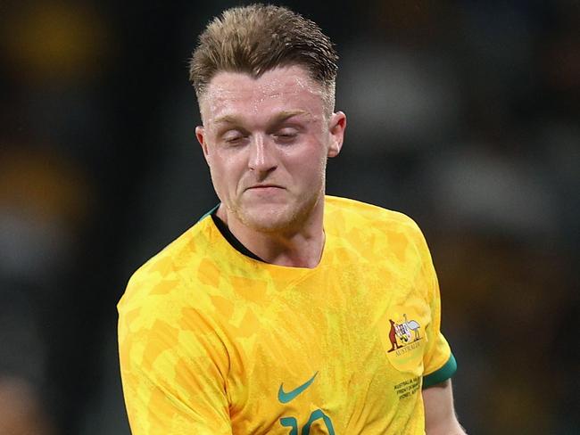 SYDNEY, AUSTRALIA - MARCH 24:Harry Souttar of Australia and Alexander Alvarado of Ecuador contest the ball during the International Friendly match between the Australia Socceroos and Ecuador at CommBank Stadium on March 24, 2023 in Sydney, Australia. (Photo by Tim Allsop/Getty Images)